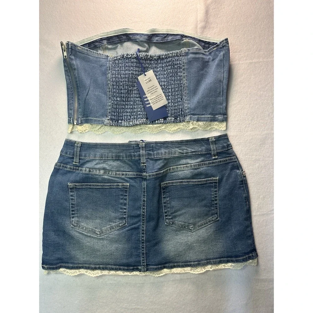 Love Tree Denim Skirt and Strapless with Lace Top Set Women's Size Large NWT - Picture 10 of 10